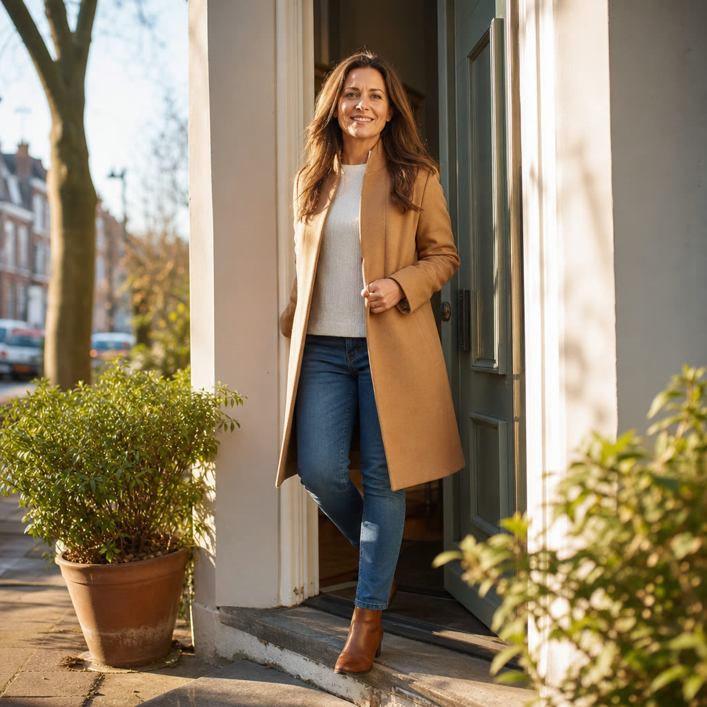 A happy person steps out into morning light, whole face visible, wearing the day with ease