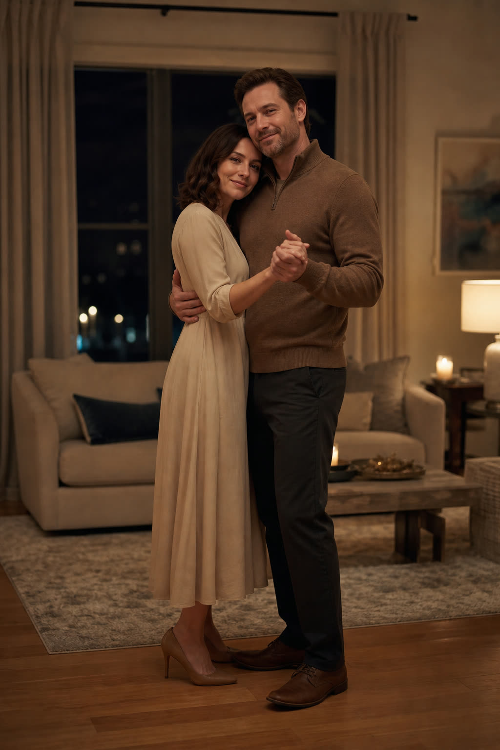 A couple slow dances in low golden lamplight, cheeks close, both faces visible and content