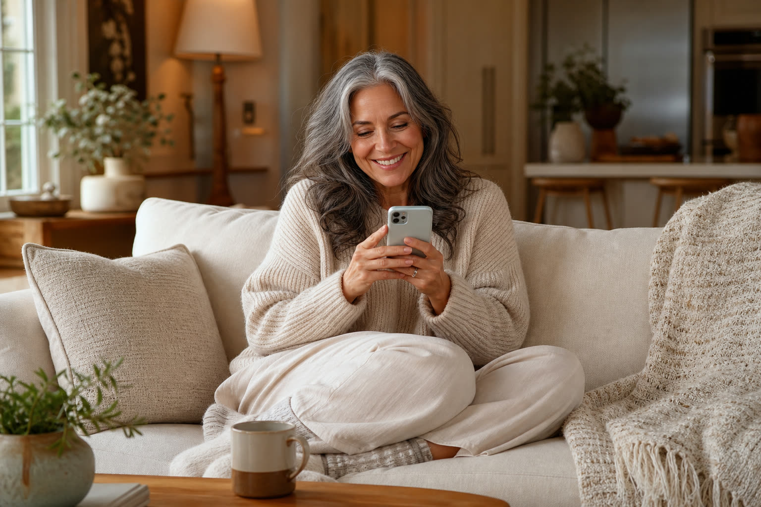 A care team member smiles warmly at her desk in soft daylight, headset on, whole face in frame