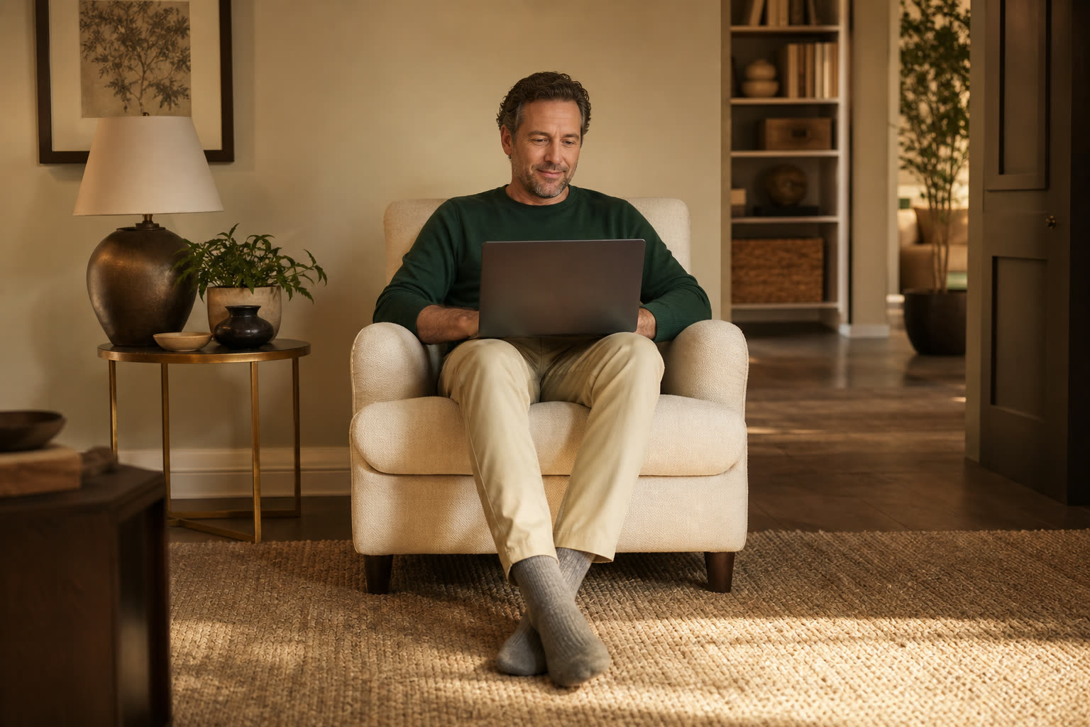 A relaxed man in a cream armchair completes his online visit on a laptop, face calm and fully visible in soft daylight