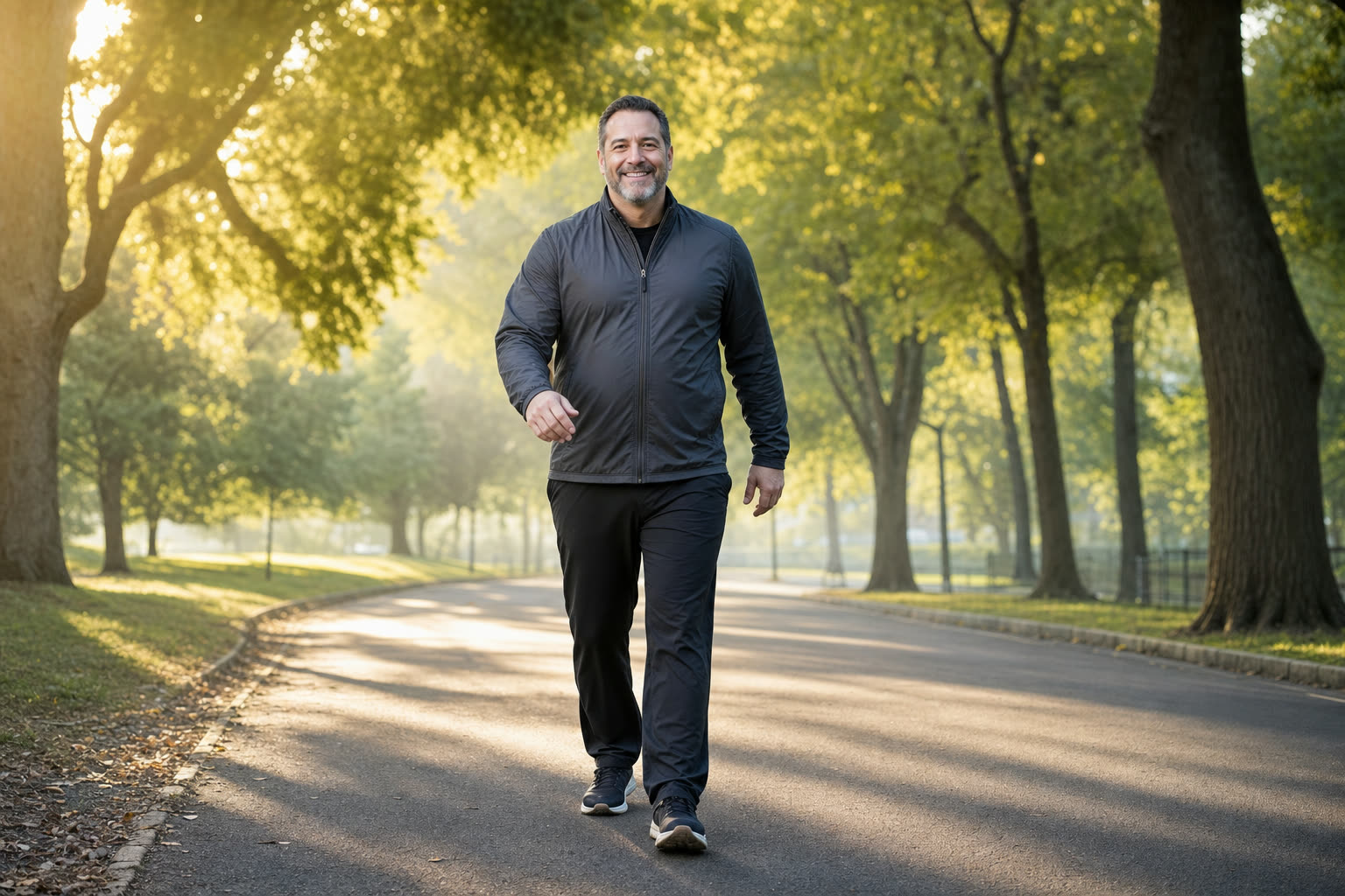 A joyful heavier man laughs on a morning walk through his neighborhood, whole face bright in early sun
