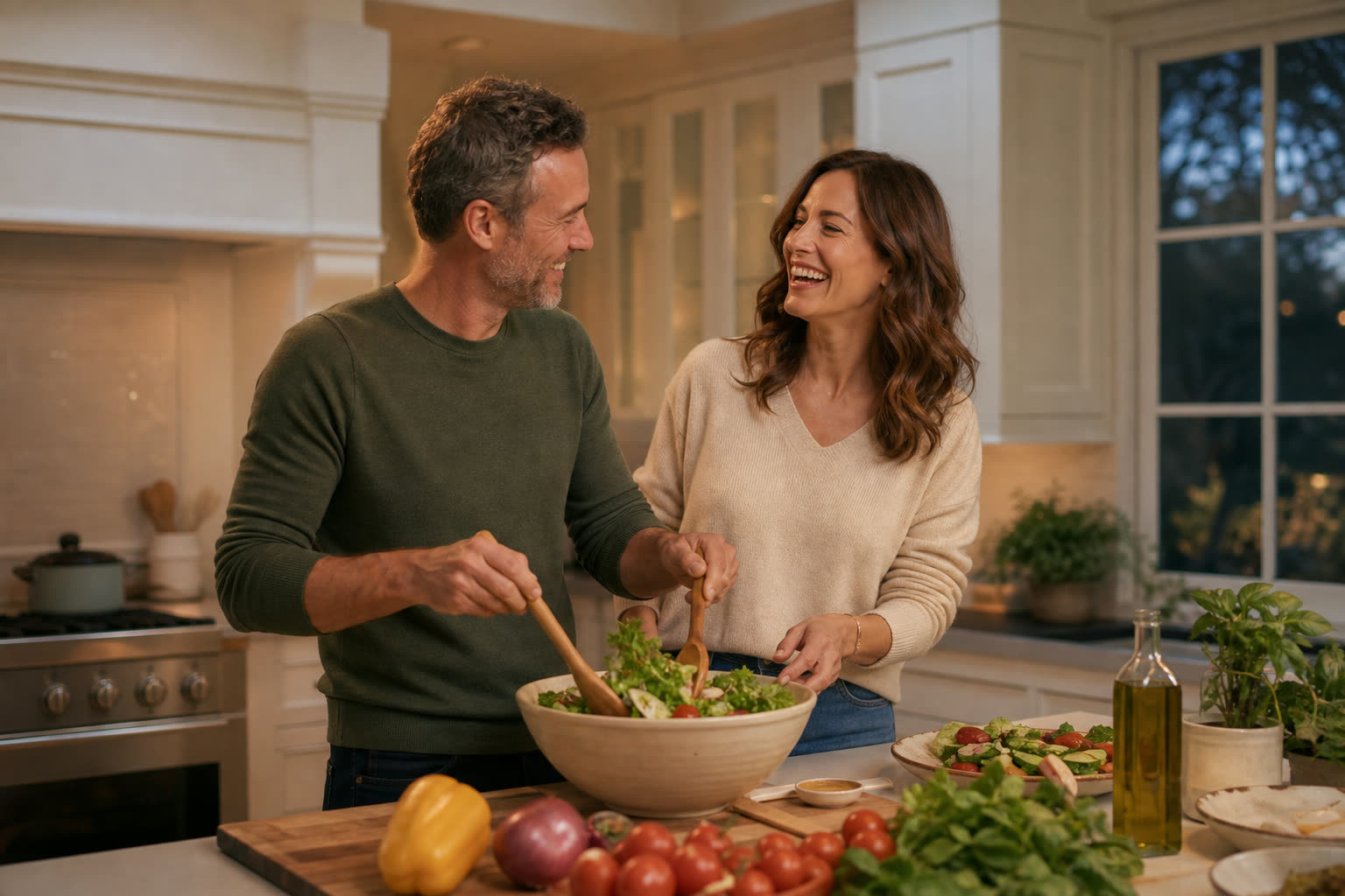 A happy couple cooks dinner together at a warm kitchen counter, both faces lit and laughing