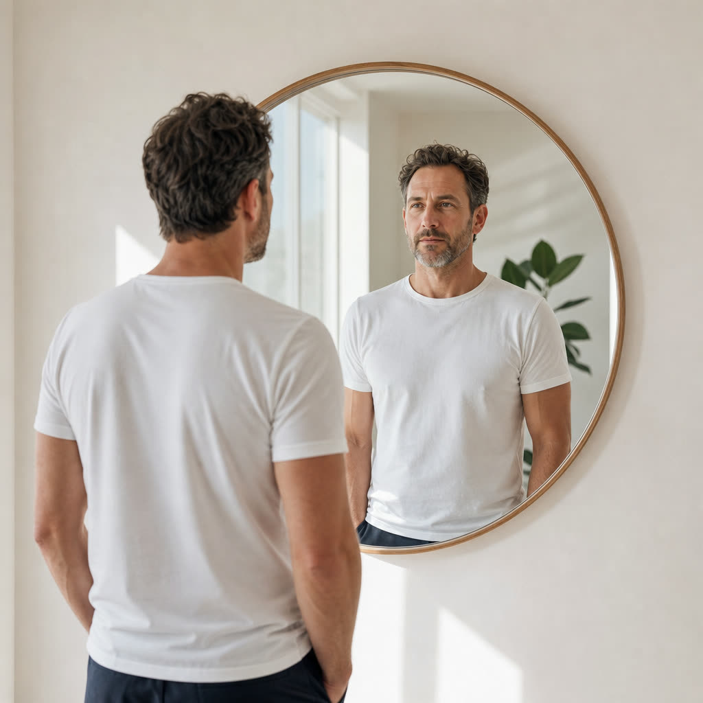 A person stands before a bright mirror in soft dawn light, meeting their own gaze