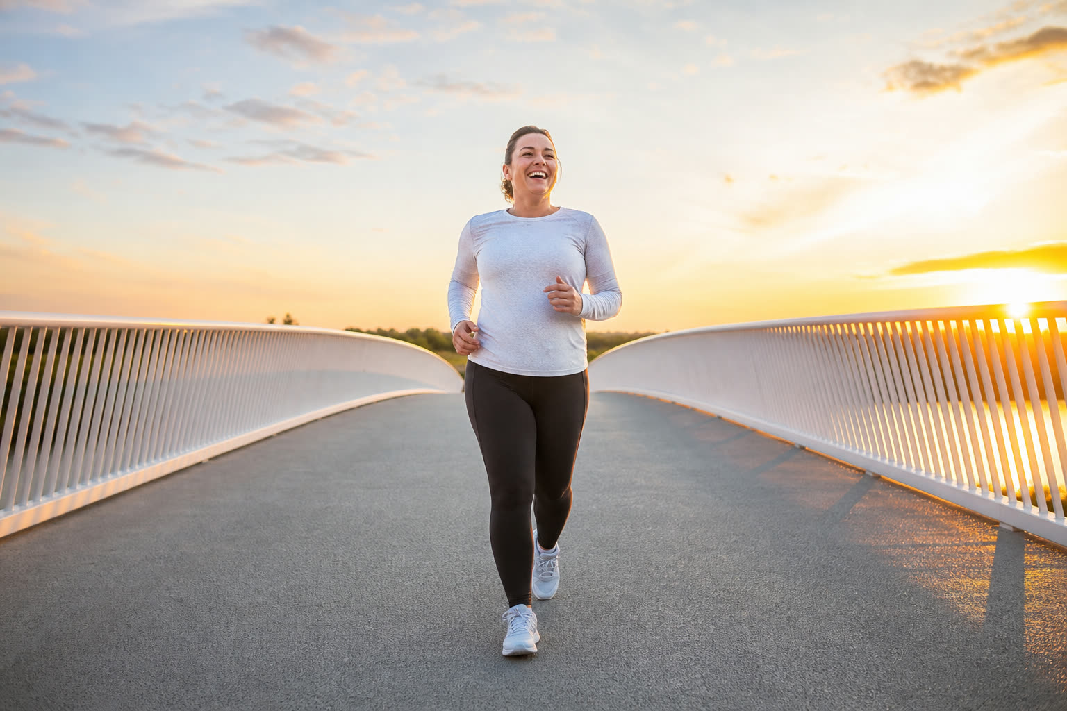 A person steps out of their front door into early morning light, dressed to walk