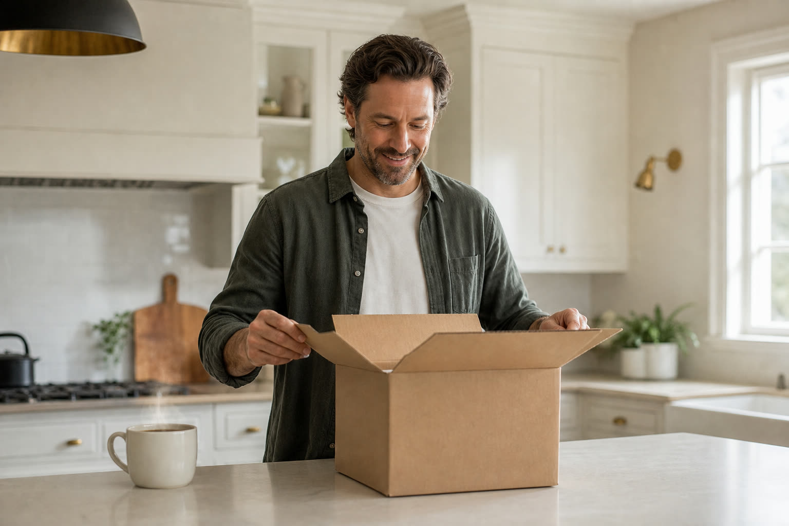 A man opening a plain unmarked delivery box at his kitchen counter, coffee steaming beside him