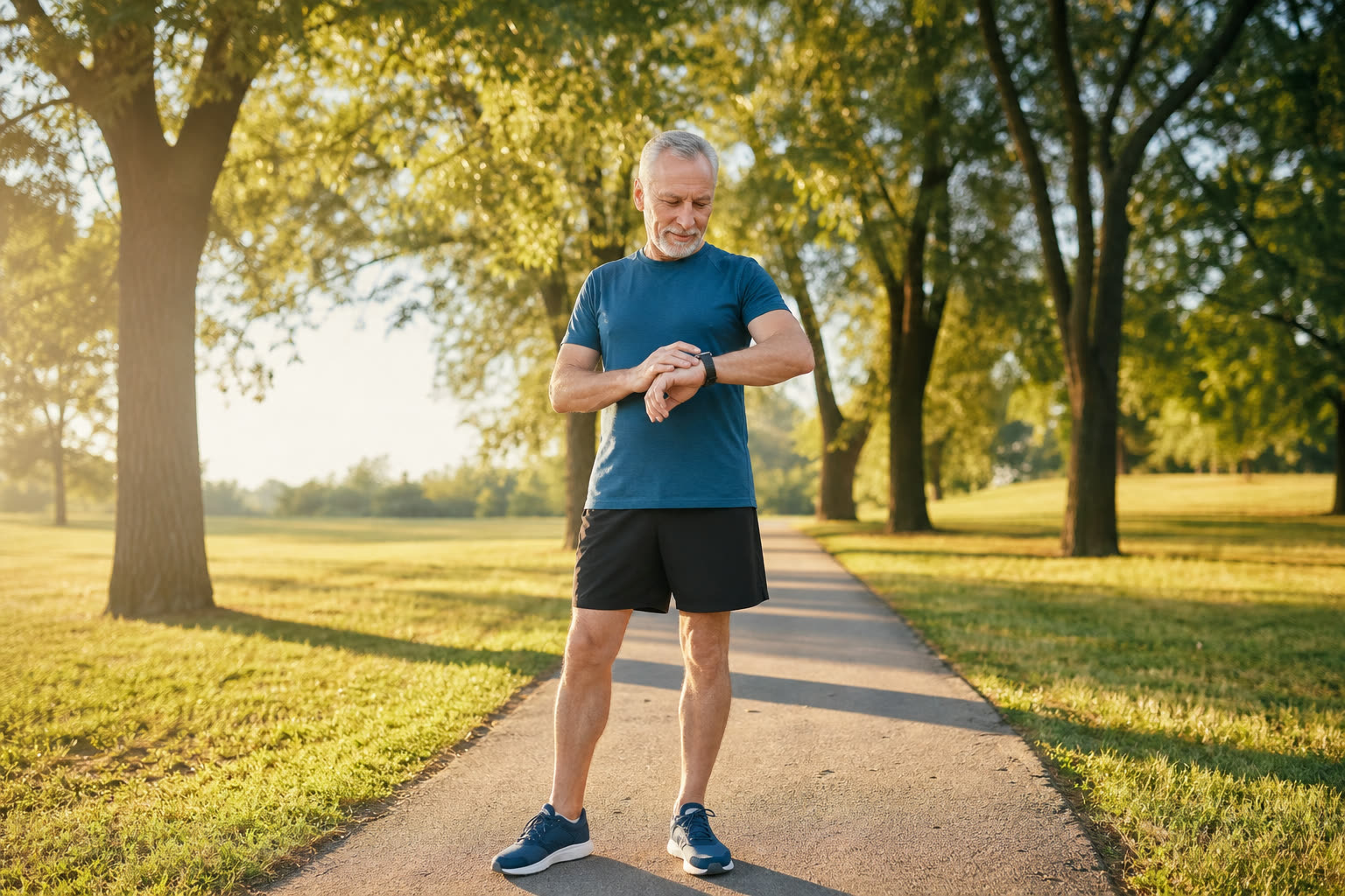 A 60s man with a soft curvy build checking a smartwatch after a walk, satisfied with the number