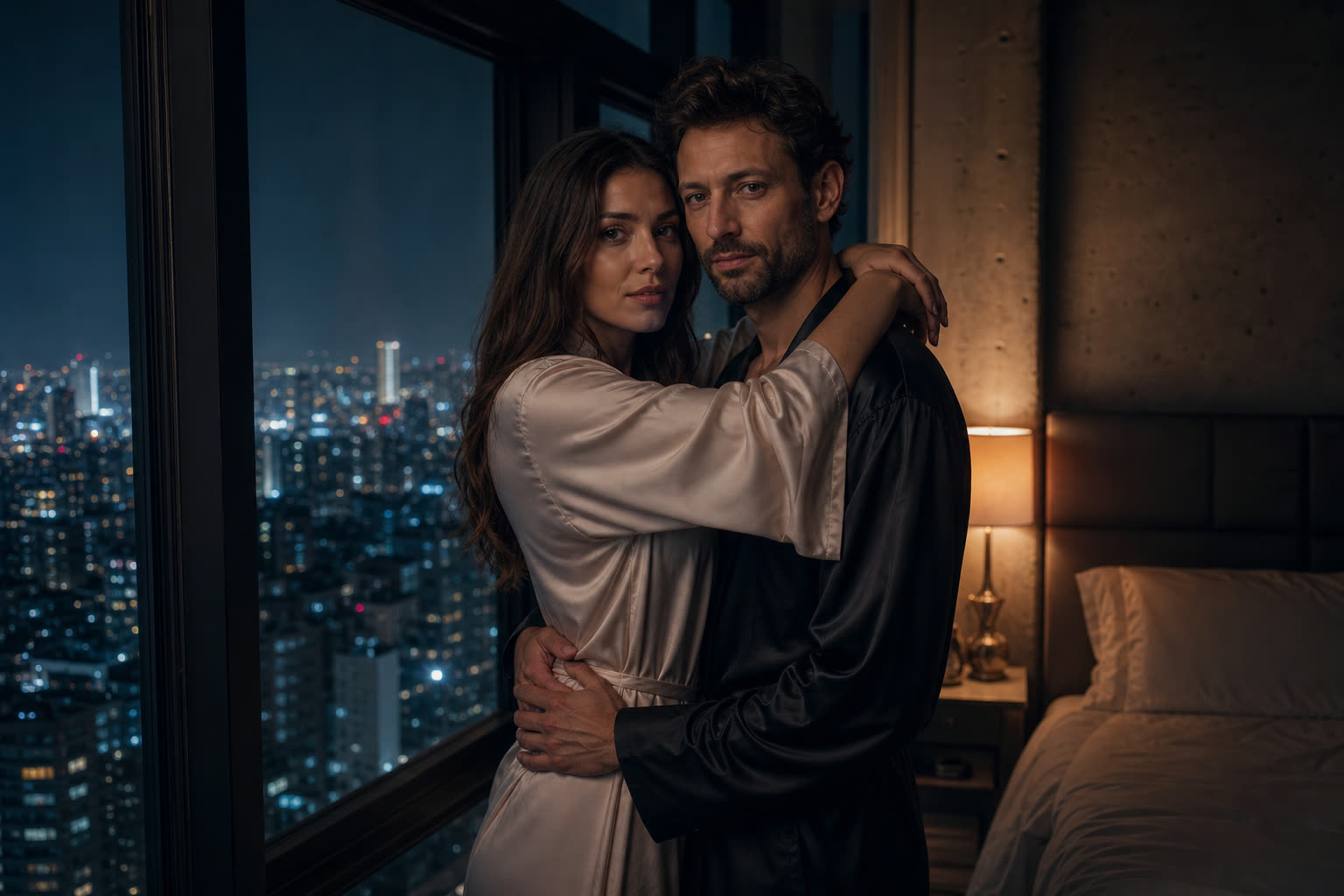 A couple standing entwined beside a tall bedroom window, city lights far below