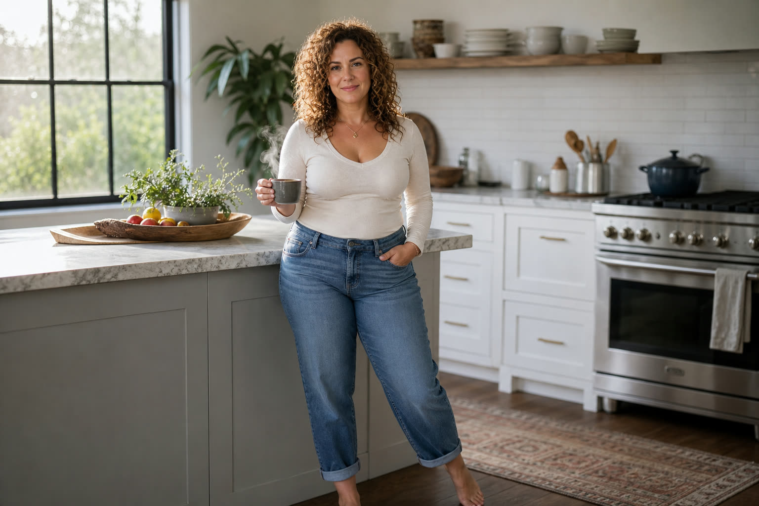 A 40s woman with a curvy hourglass build with backlit curls in a sunny kitchen, coffee in hand