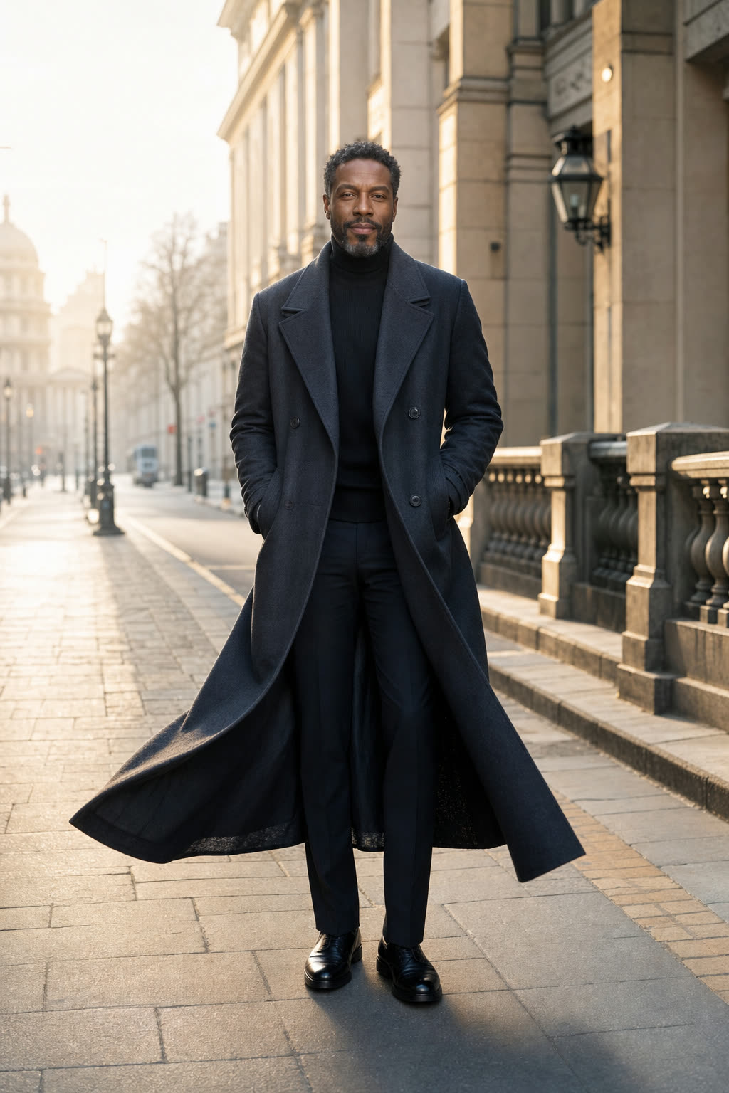 A man in his 40s with regal posture, long wool coat catching the wind on a morning street