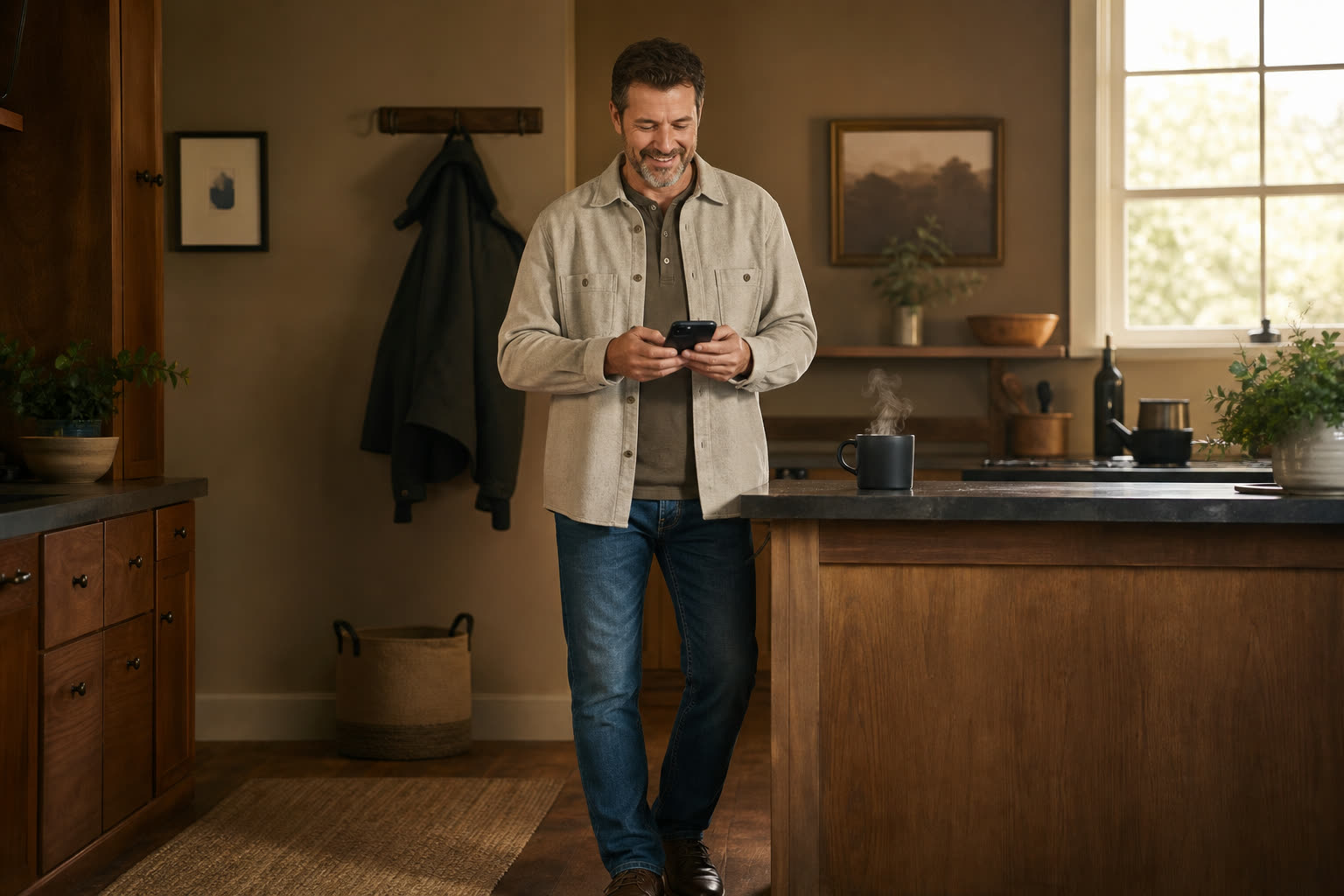 A man completing a short questionnaire on his phone at his kitchen counter, coffee steaming