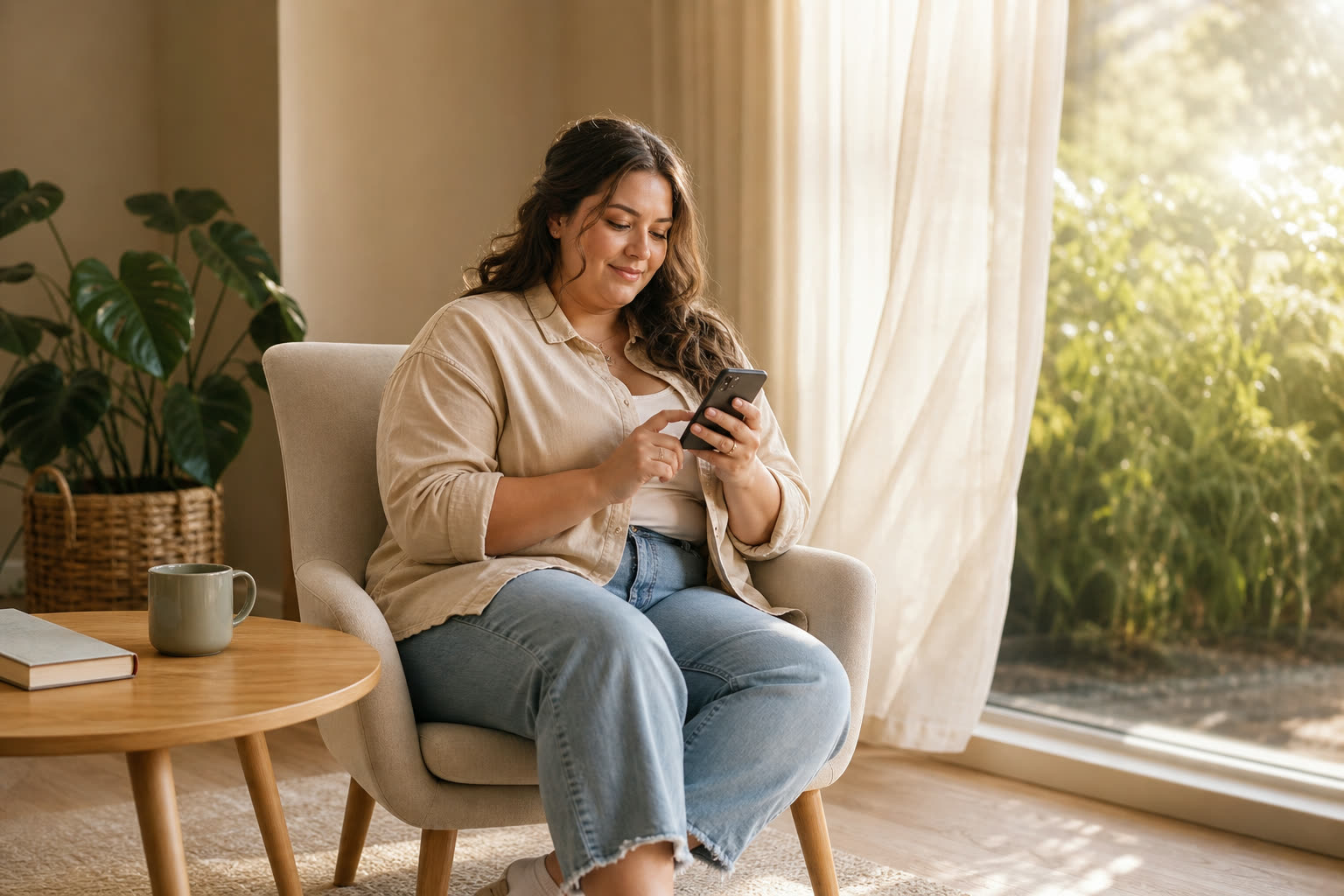 A late 20s woman with a plus-size build setting a weekly reminder on a phone by a sunny window