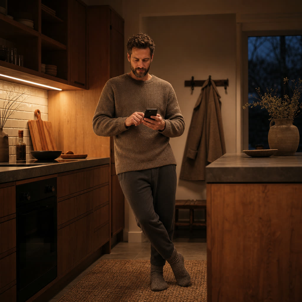 A man answering questions on his phone in a warm kitchen before dawn, coat on a hook behind him