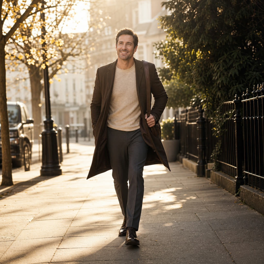 A man walking to work through bright morning light with an open coat and an easy grin