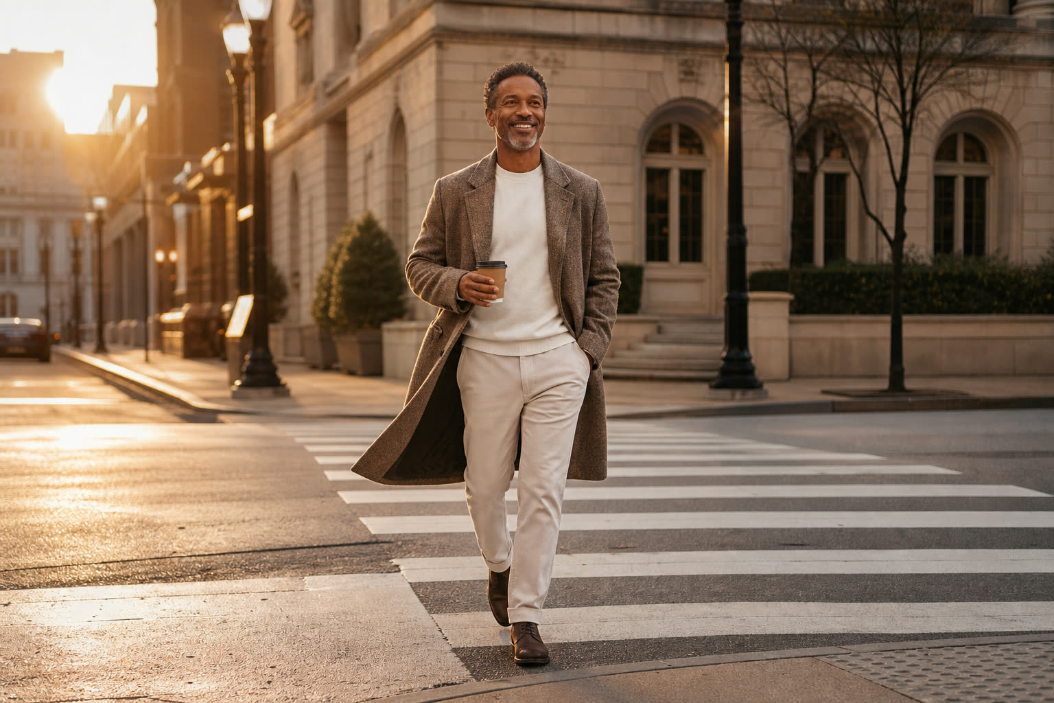 A man crossing a sunrise crosswalk with coffee in hand, his open coat lifting in the wind