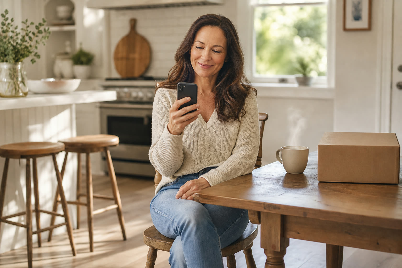 A woman reading a message at a sunlit kitchen table beside a plain unmarked delivery box