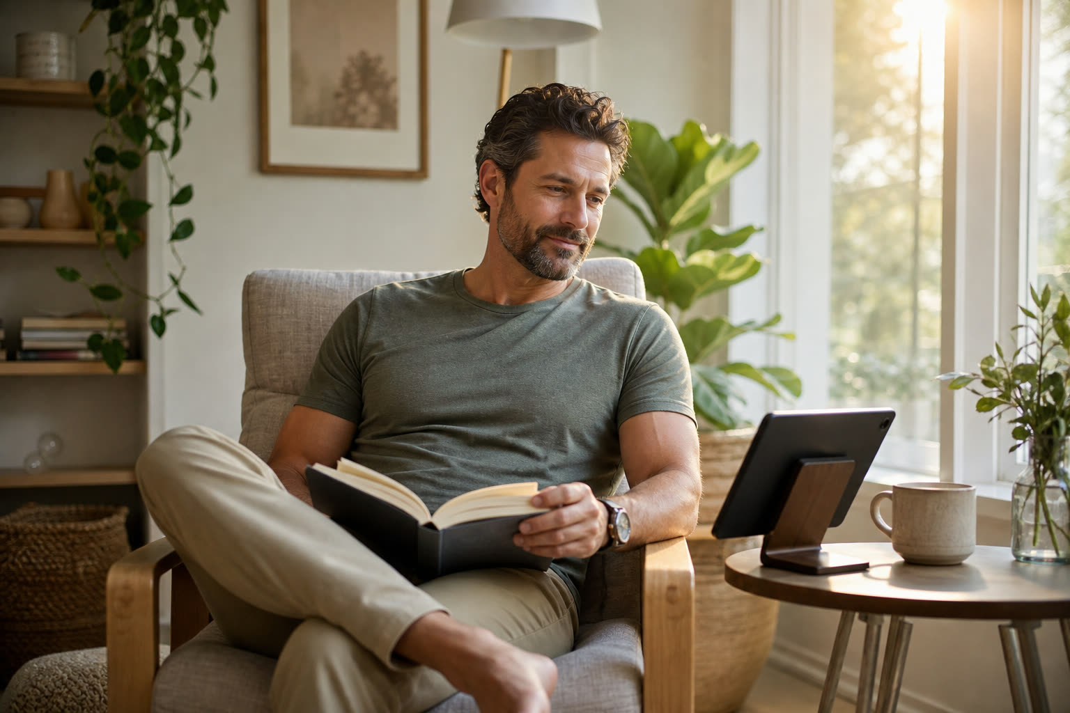 A 40s man with a fit muscular build nodding along to advice on a tablet propped in a sunny reading nook