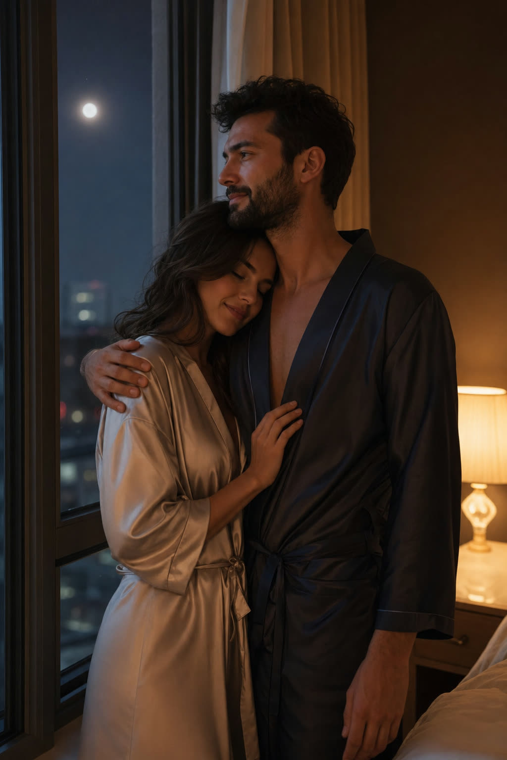 An elegant couple dancing very close under warm light, his coat around her shoulders
