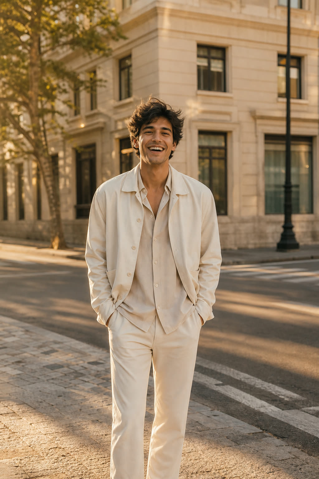 A young man with thick wind-tousled hair laughing on a street corner in morning light