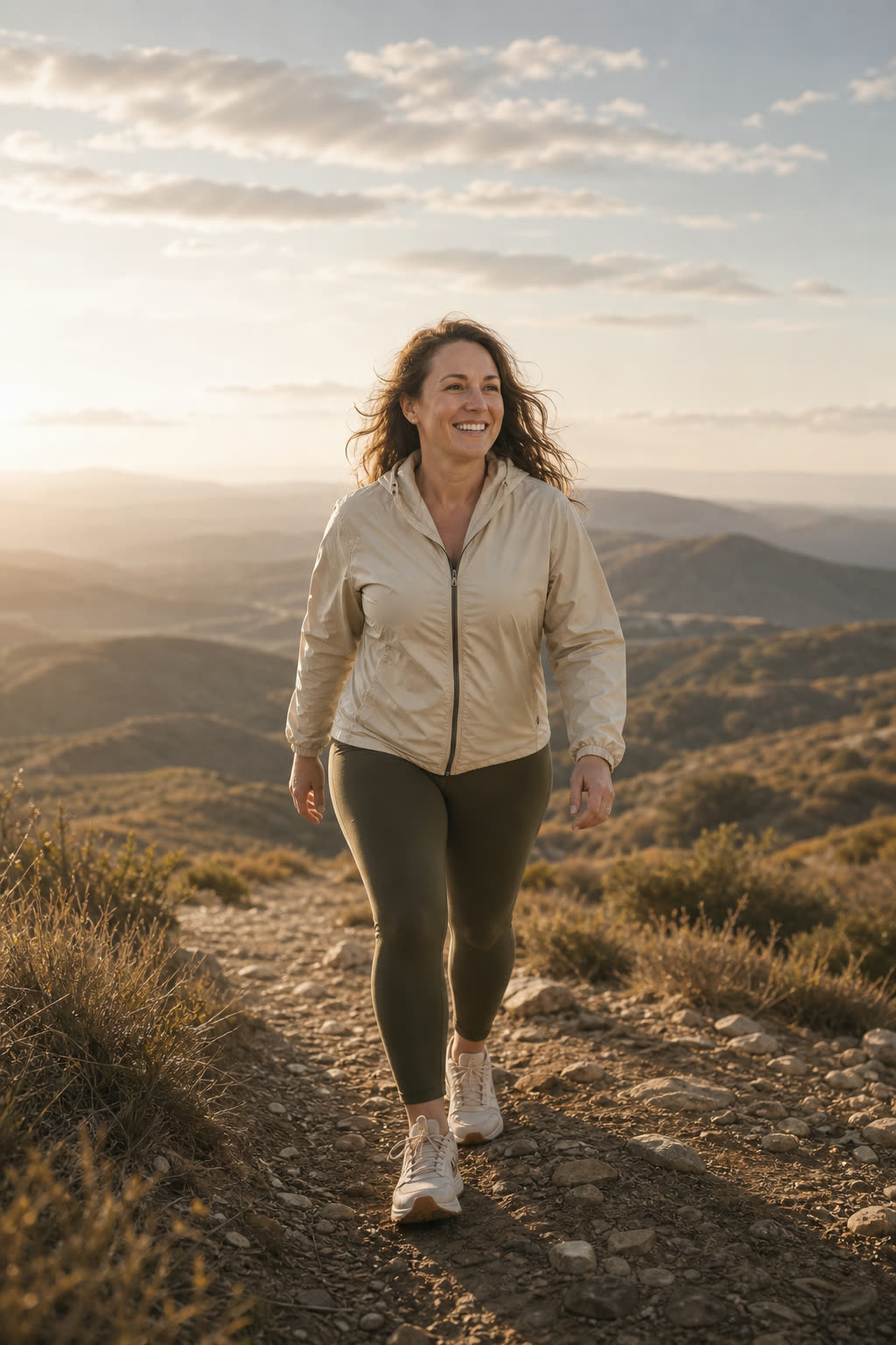 A woman in her 30s walking briskly up a hill, wind in her hair, joyful effort