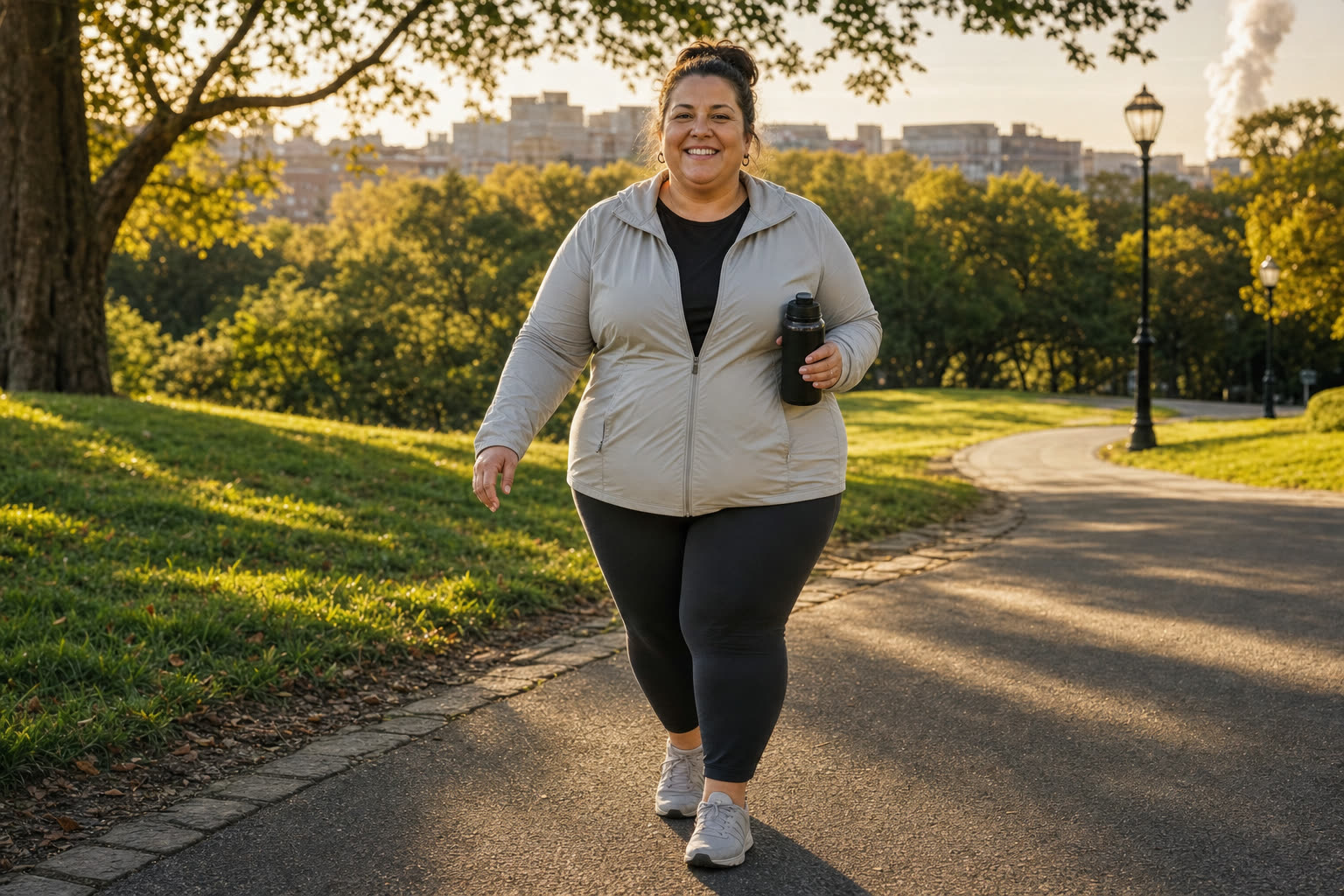 A heavier woman mid-journey walking uphill with purpose and a wide smile on a morning park path