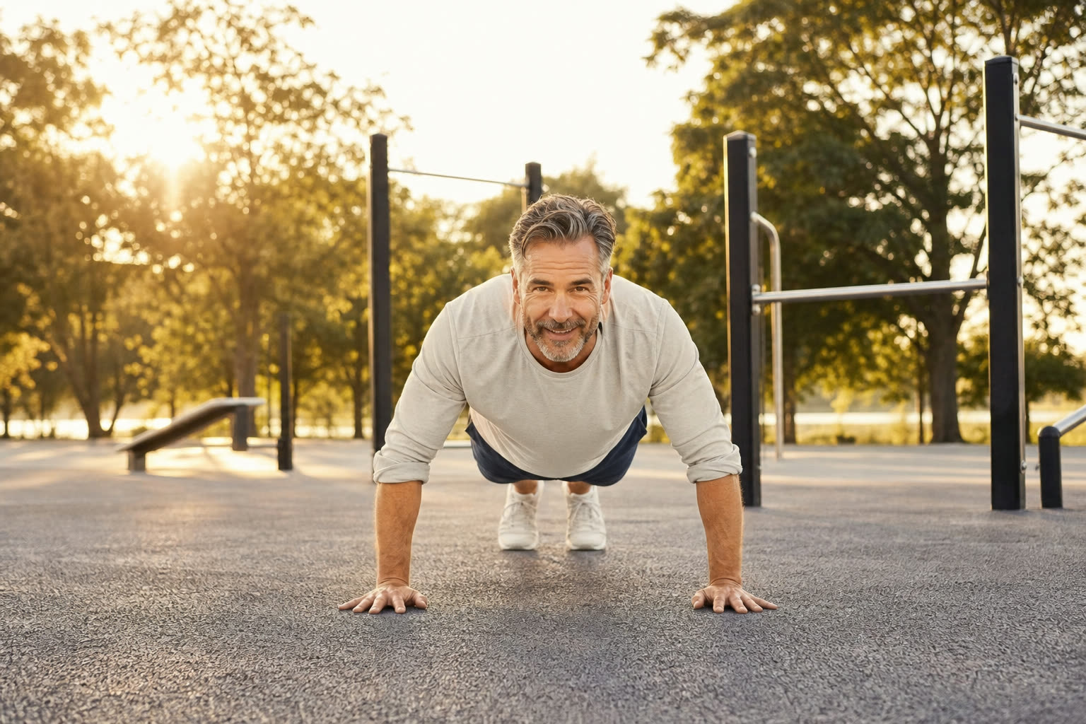 A fit man in his late 40s doing push-ups at a sunlit park workout area