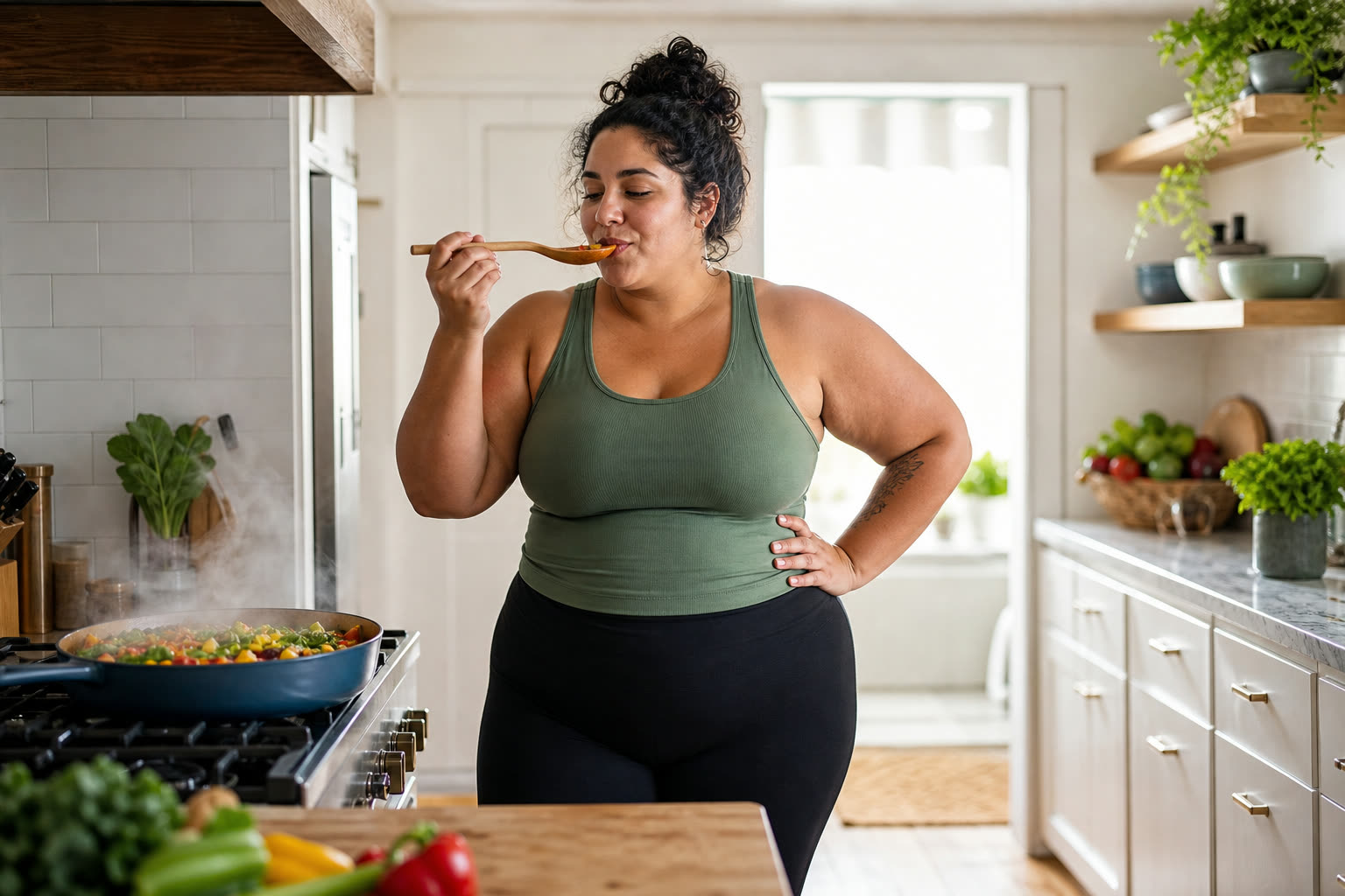 A late 20s woman with a broad and solid build cooking a colorful fresh meal in a bright kitchen, tasting from a wooden spoon