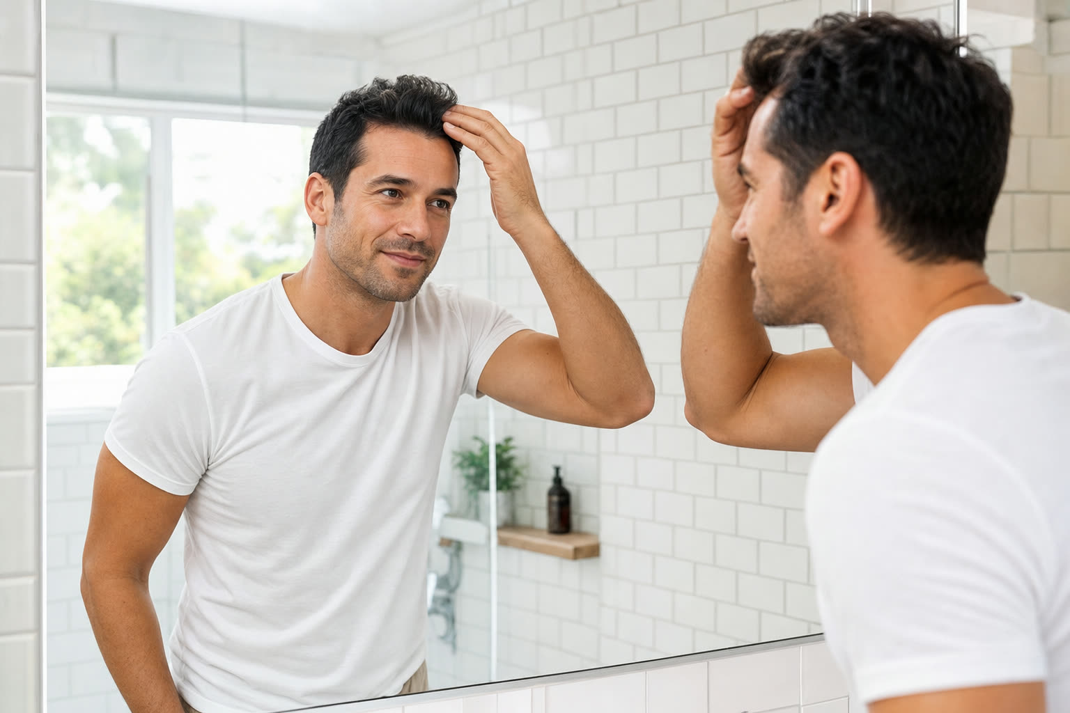 A man in his mid thirties checks his healthy hairline in a bright bathroom mirror, pleased and relaxed