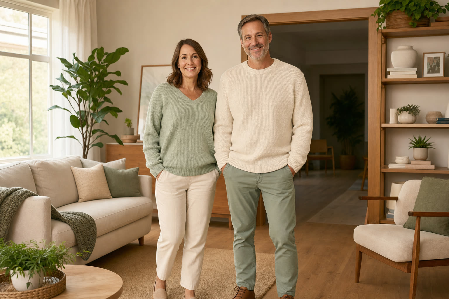 A woman and a man in their forties stand relaxed in a bright, airy living room, smiling with easy confidence