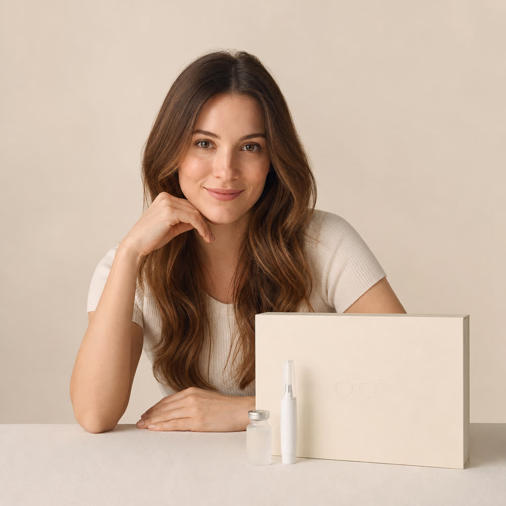 A minimal cream care kit box embossed with a subtle glasses emblem beside an unbranded medicine vial and pen injector