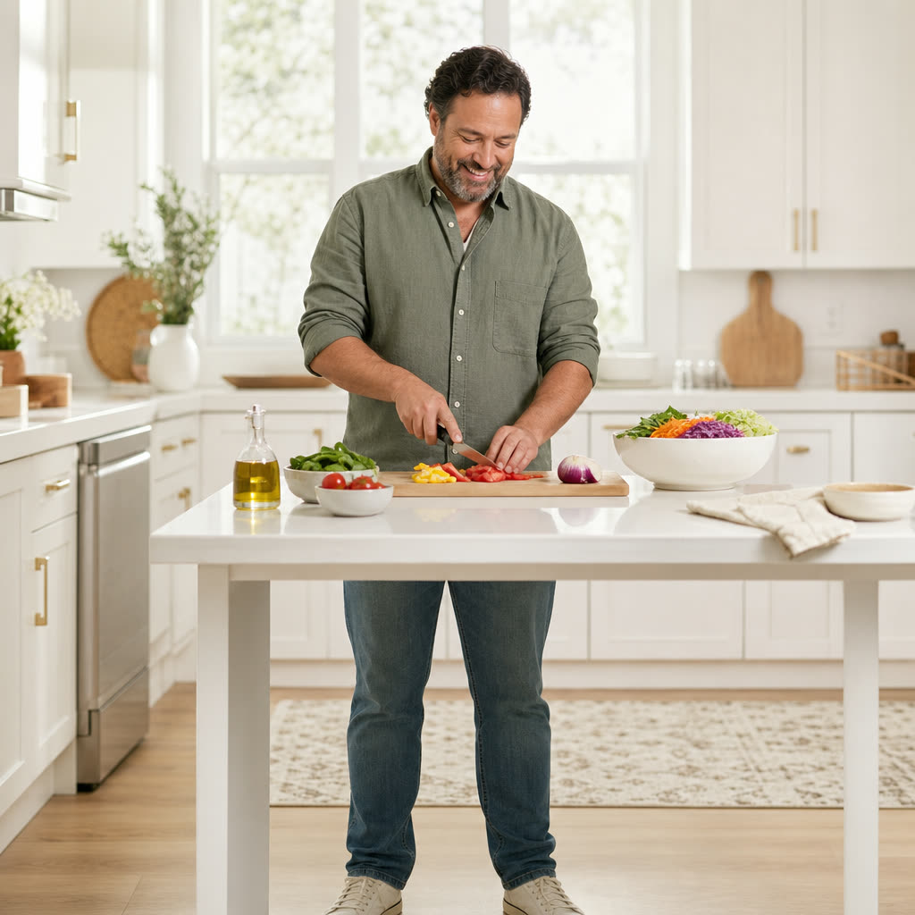 A man in his forties smiles while assembling a colorful salad bowl in a bright kitchen
