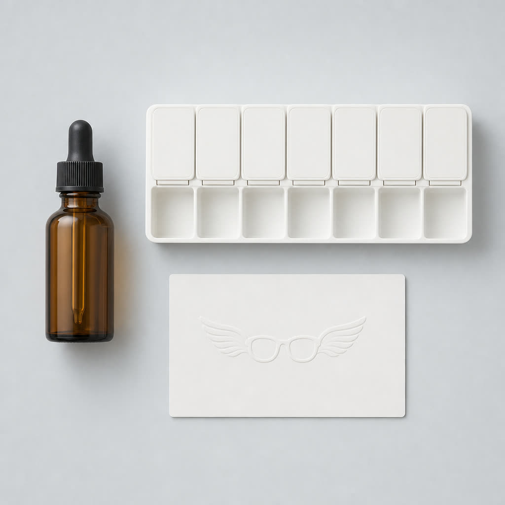 A precise top-down grid of an unbranded dropper bottle, weekly pill organizer, and care card on pale gray
