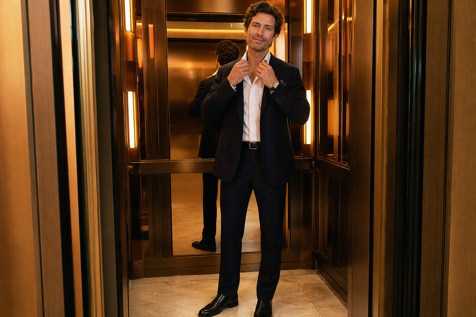 A confident man adjusts his collar in a warm elevator mirror on the way to an evening out