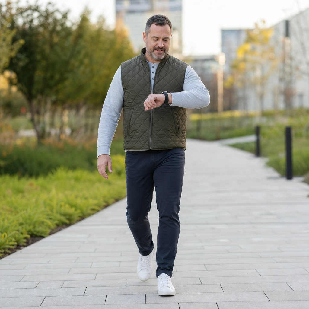 A man glances at his smartwatch during a brisk park walk, pleased with his pace