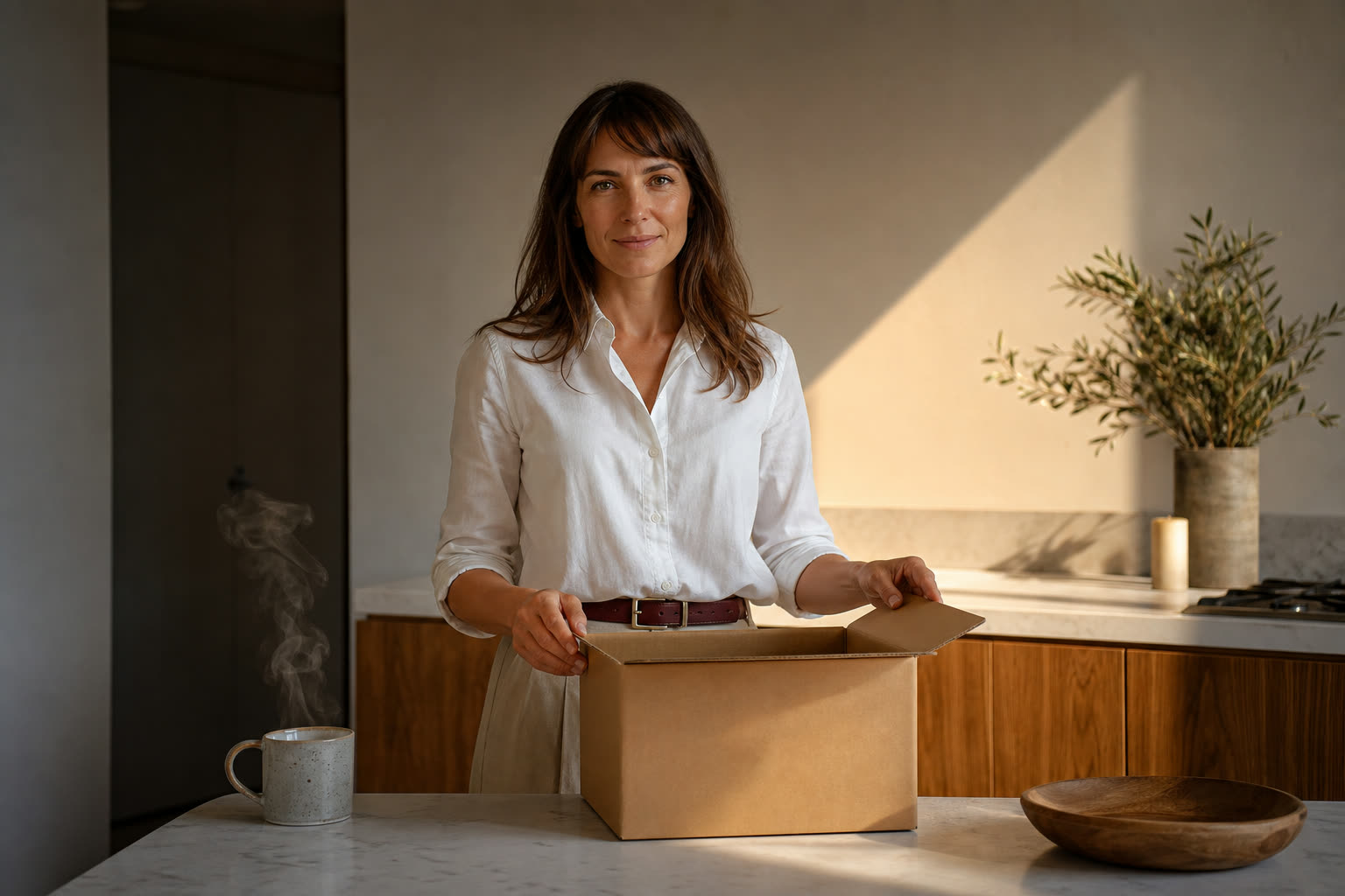 A woman in her 30s in a plain white shirt opening a plain unmarked delivery box at a counter in warm light