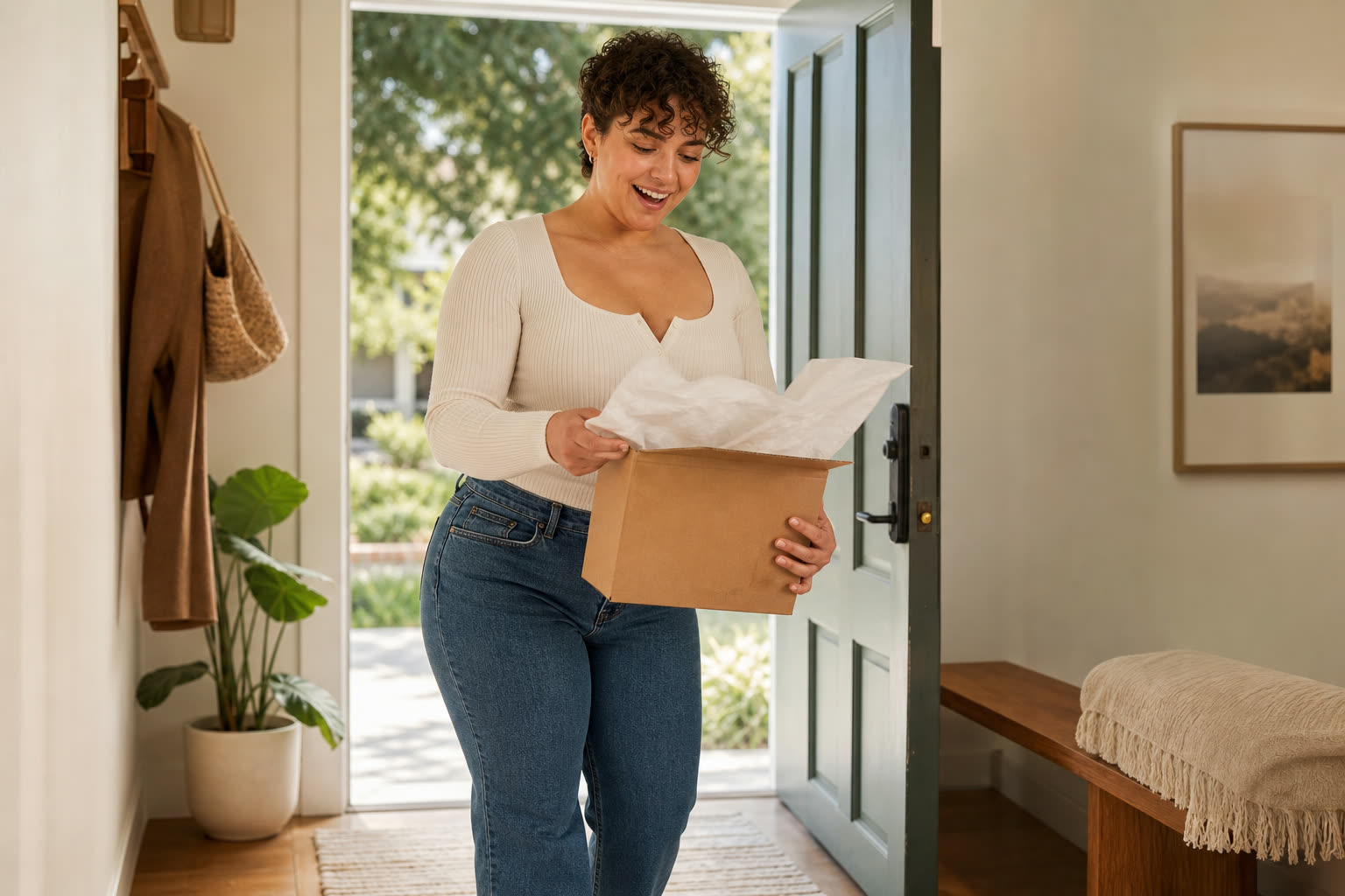 A mid-20s man with a curvy hourglass build opening a plain unmarked delivery box at their front door, pleased