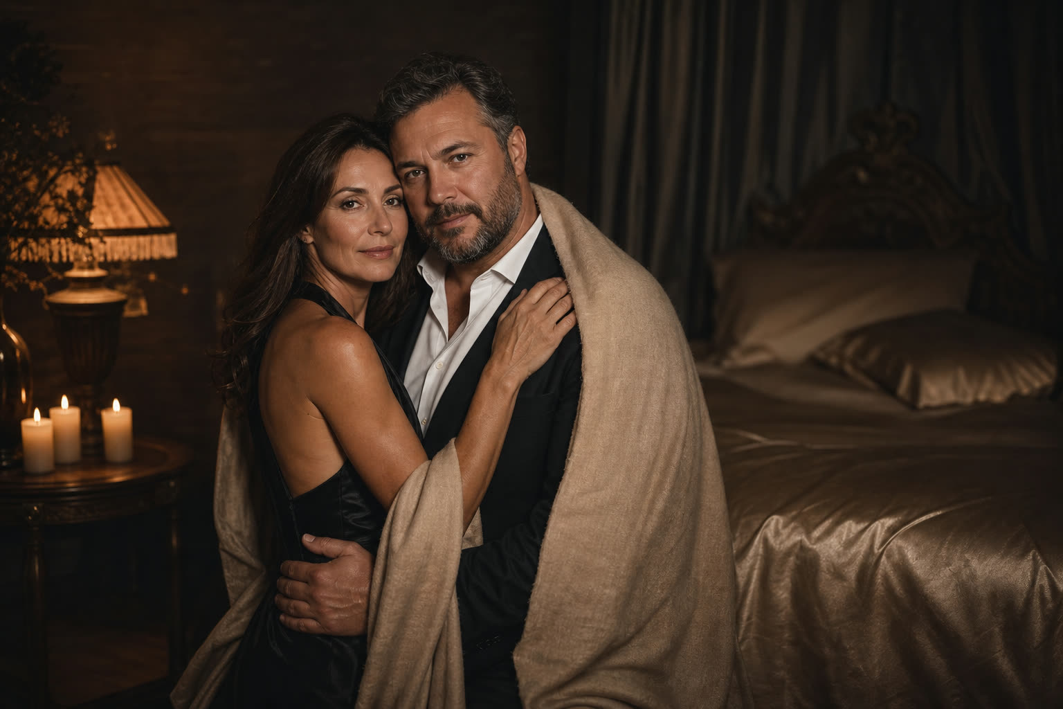 A couple beside a silk-draped bed in candlelight