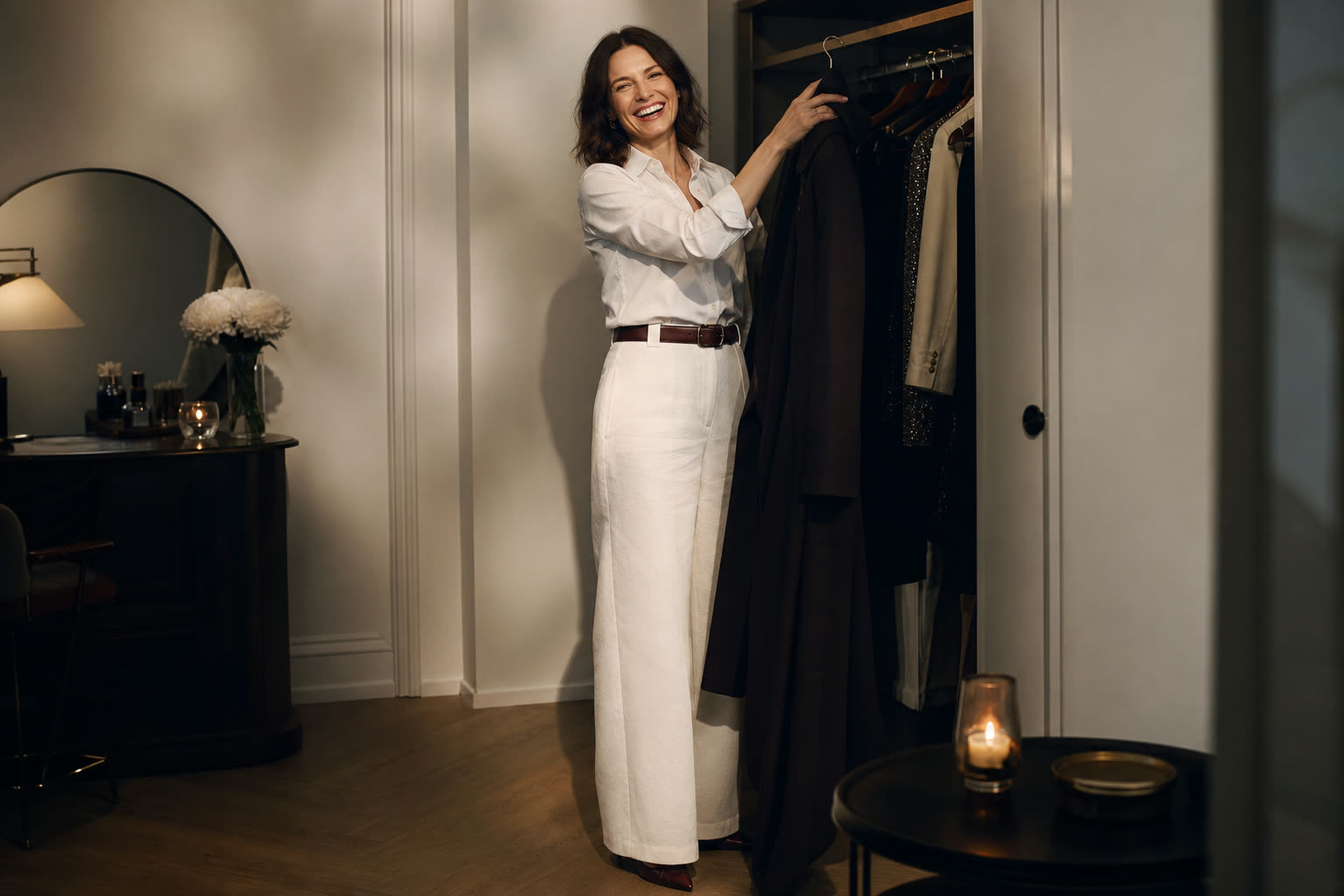A woman in a plain white shirt laughing as she hangs a dramatic dark coat back on a rail