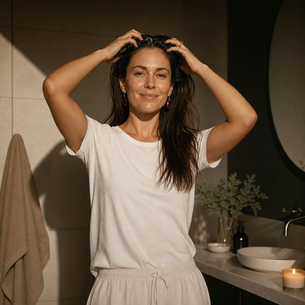 A woman in her 30s in a plain white shirt working treatment through her loose dark hair at a counter