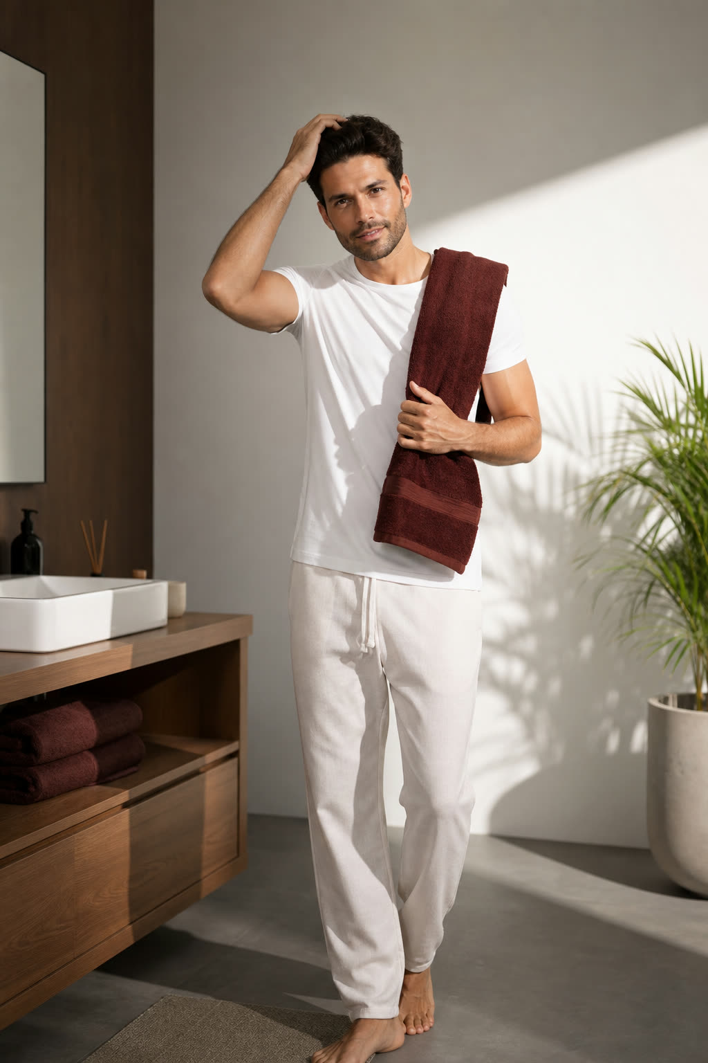 A man in his early 30s in a white tee checking his thick hair in a bright mirror, pleased