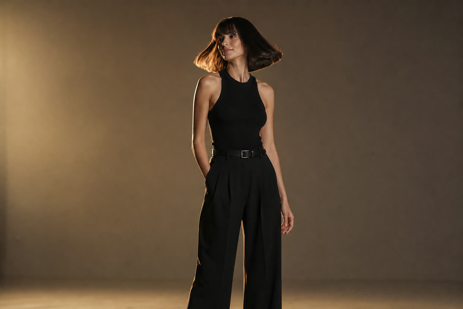 A slender woman in her 30s with a glossy dark bob catching the light as she turns