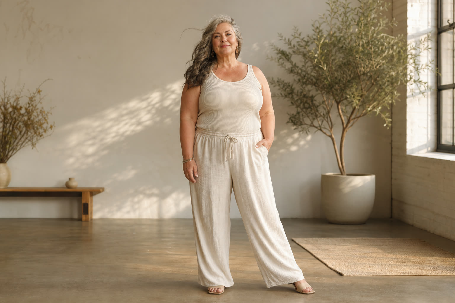 A 60s woman with a plus-size build owning silver-streaked hair in sharp editorial profile