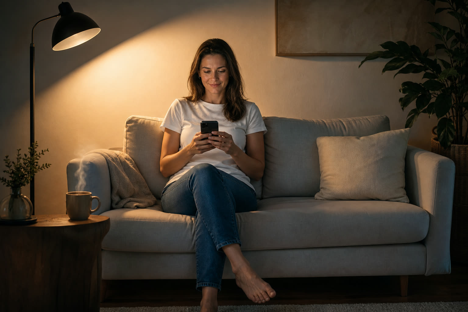 A woman in her 30s in a plain white shirt on her sofa completing a short questionnaire on her phone