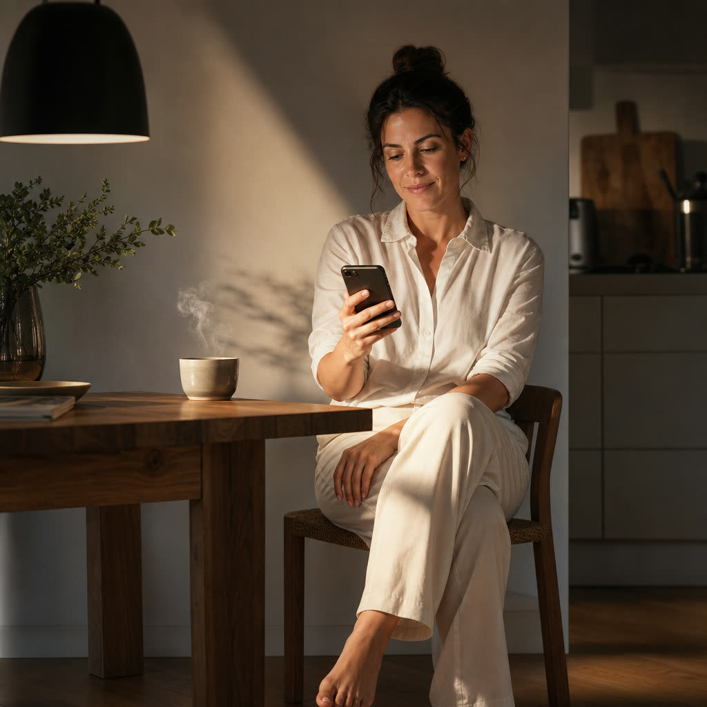 A woman in a white shirt answering questions on her phone at a kitchen table in warm evening light