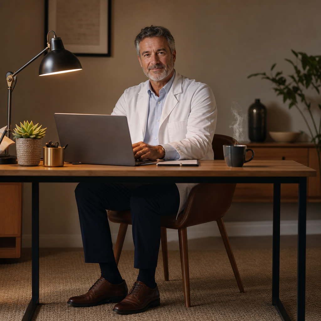 A clinician in his 50s reviewing notes at a tidy desk in warm dramatic light