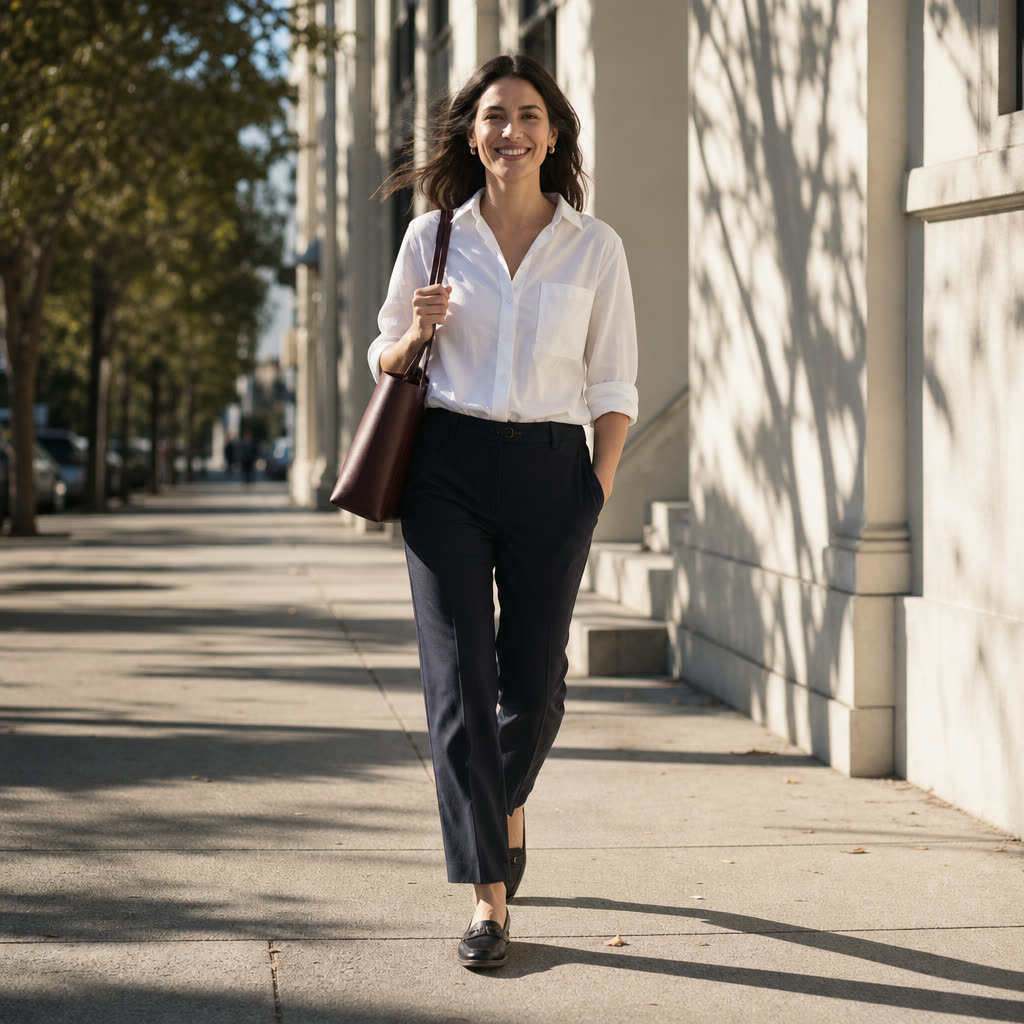 A woman in a plain white shirt walking a sunlit city sidewalk, smiling wide