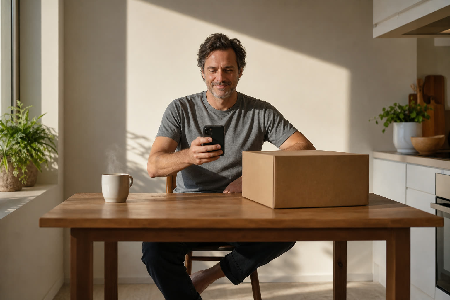 A man in his 40s in a plain gray tee reading a reassured message at a table beside a plain unmarked box