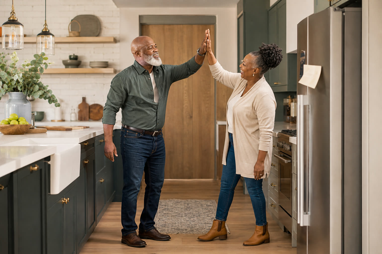 A 60s man with a broad-shouldered stocky build high-fiving their partner in the kitchen over a milestone note on the fridge