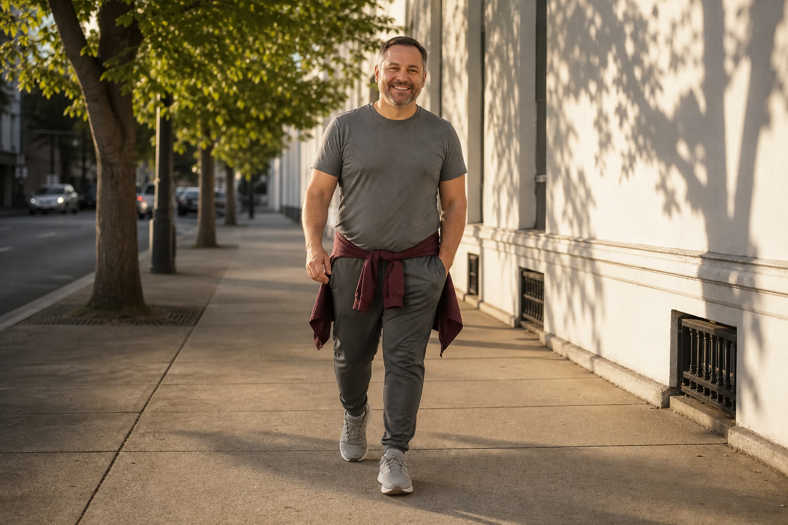 A man in his 40s a bit heavy and early on his journey, walking a sunlit sidewalk in a plain tee with a wide smile