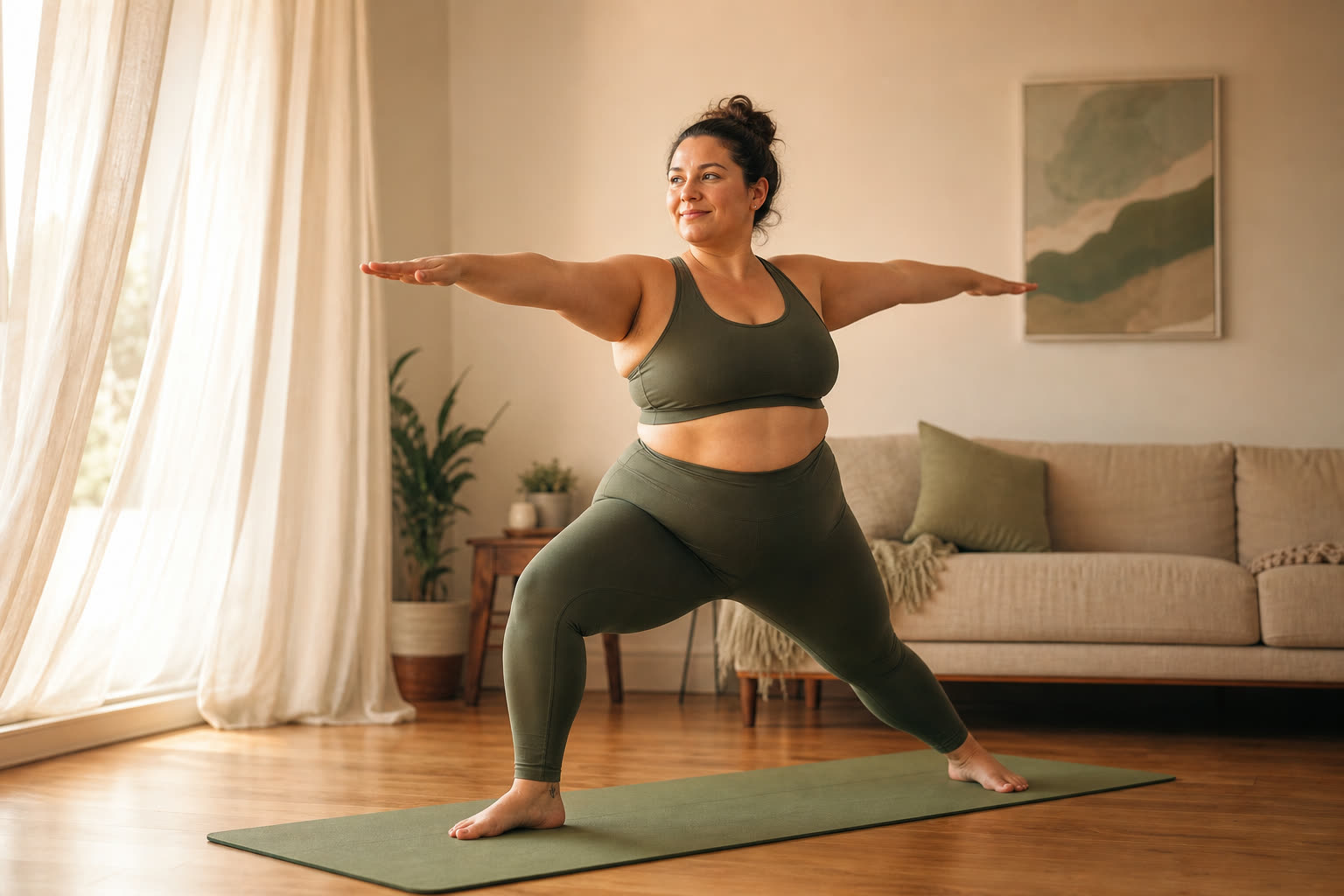 A late 30s woman with a full-figured curvy build holding a steady yoga stretch on a mat in a calm living room