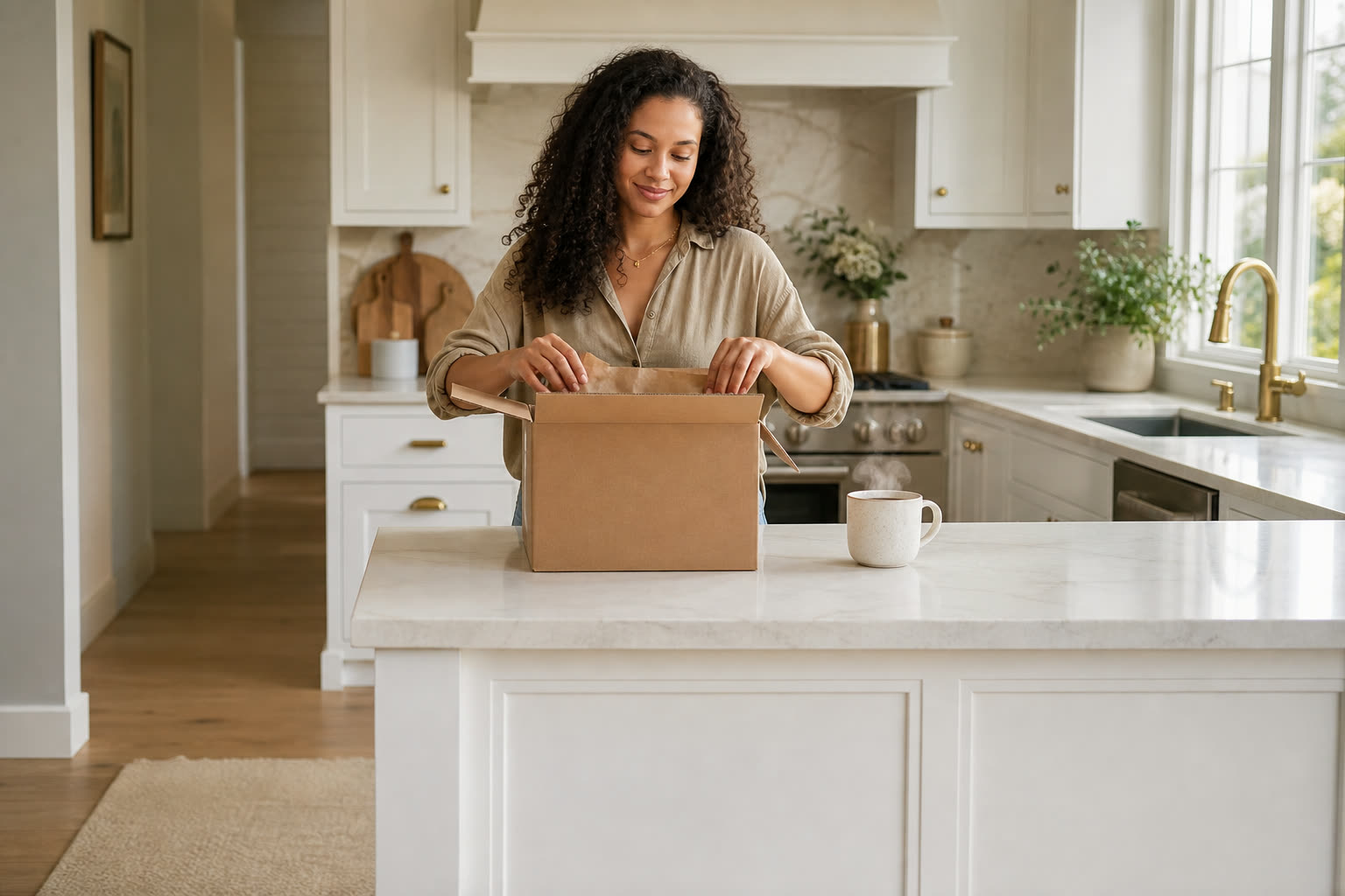 A woman opening a plain unmarked delivery box at her kitchen counter, tea steaming beside her